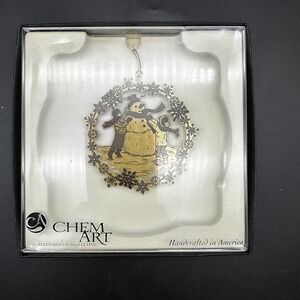 CHEM ART SNOWMAN WITH CHILDREN ETCHED ORNAMENT CHRISTMAS